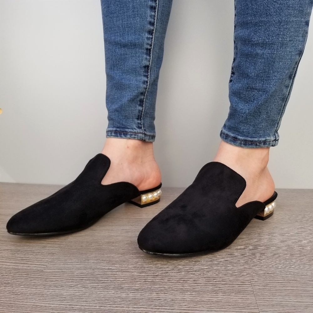 Suede Slip On Loafer Mule Pearl Accents on Heel - Picture 6 of 13